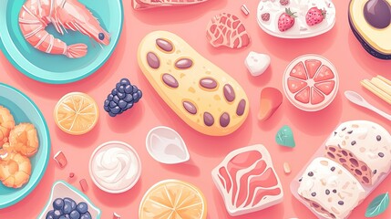 Colorful assortment of various desserts and seafood on a vibrant pink background, perfect for culinary use