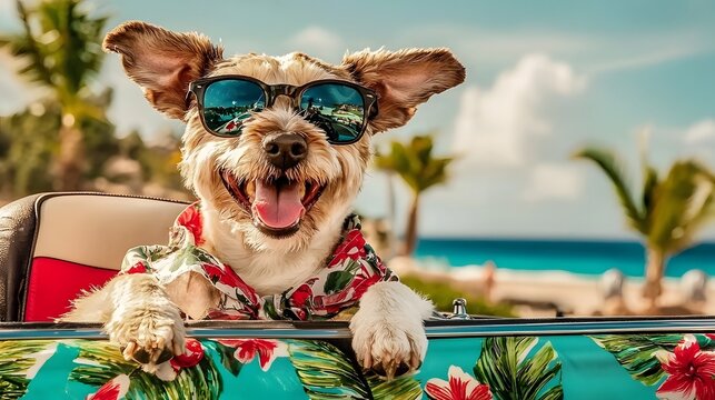 Excited dog sitting in the passenger seat of a convertible car ears flapping in the wind while cruising along a scenic coastal highway during a summer road trip or vacation adventure