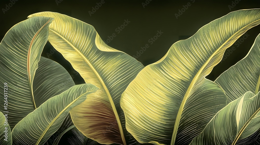 Poster arrangement of lush vibrant tropical leaves with intricate veins rich green hues and gentle shadows 