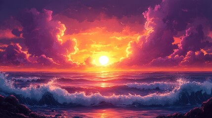 Fototapeta premium A vibrant sunset over the ocean, with colorful clouds reflecting in the water, creating a serene and picturesque coastal scene.