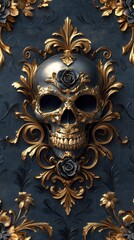 Ornate skull design with golden floral elements on a dark textured background, showcasing elegance