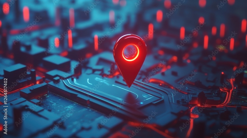 Poster red geolocation marker on the map in 3d style. navigation system. pin