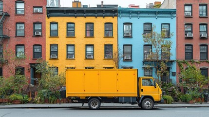 Bright yellow delivery truck parked in front of colorful urban buildings with greenery