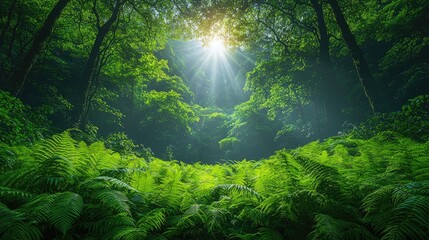 Lush green forest with sunlight filtering through trees, illuminating ferns in a serene landscape