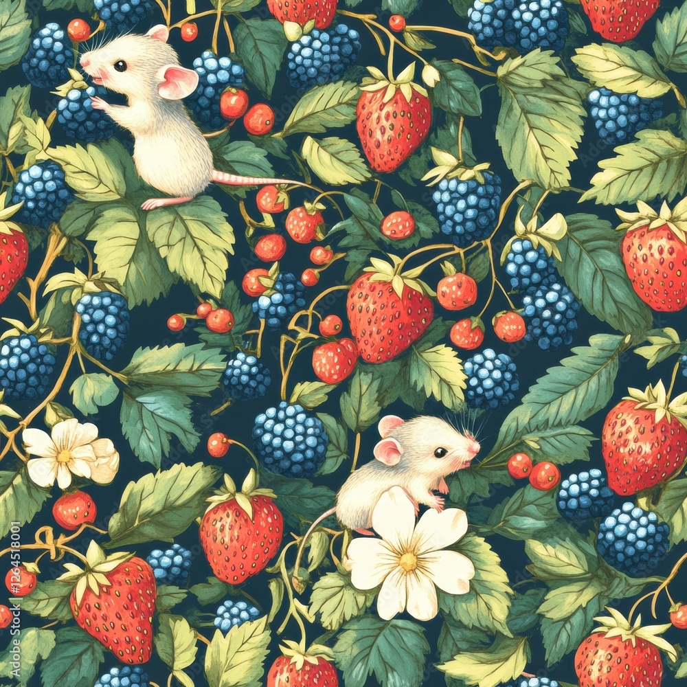 Poster cute mice surrounded by vibrant berries and leaves create a charming natural pattern in this colorfu