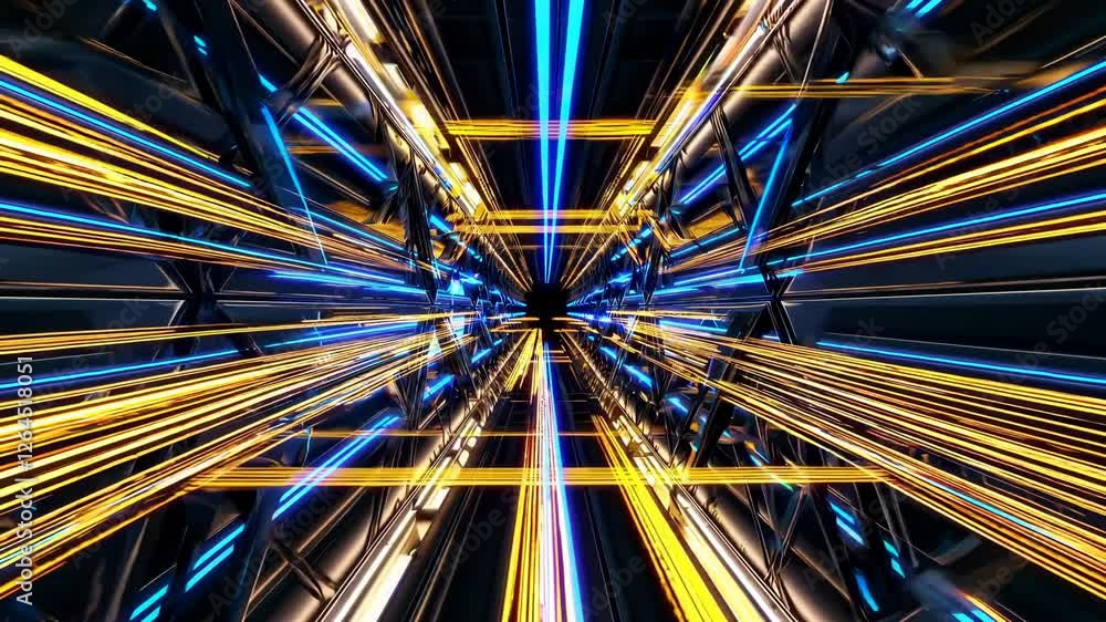 Poster Futuristic tunnel with glowing golden triangular frames