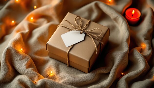Gift wrapped box on cozy fabric with candle and string lights