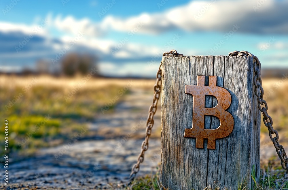 Poster a wooden bitcoin block with chain symbolizing security and blockchain technology