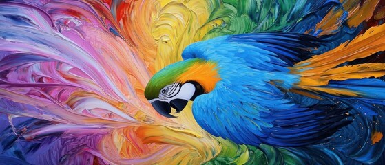 Obraz premium Blue Macaw Parrot in Vibrant Rainbow Swirl Painting