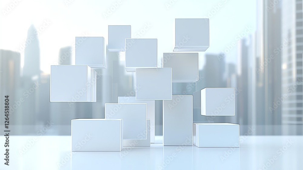 Poster abstract composition of floating white cubes with futuristic cityscape backdrop.