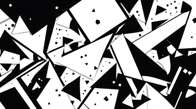 High-resolution abstract background image showcasing a chaotic yet balanced composition of geometric shapes in contrasting black and white, rendered with sharp edges and high contra.