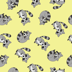 Pattern with minimalistic raccoons in various poses. Design of textiles, wrapping paper. Vector illustration