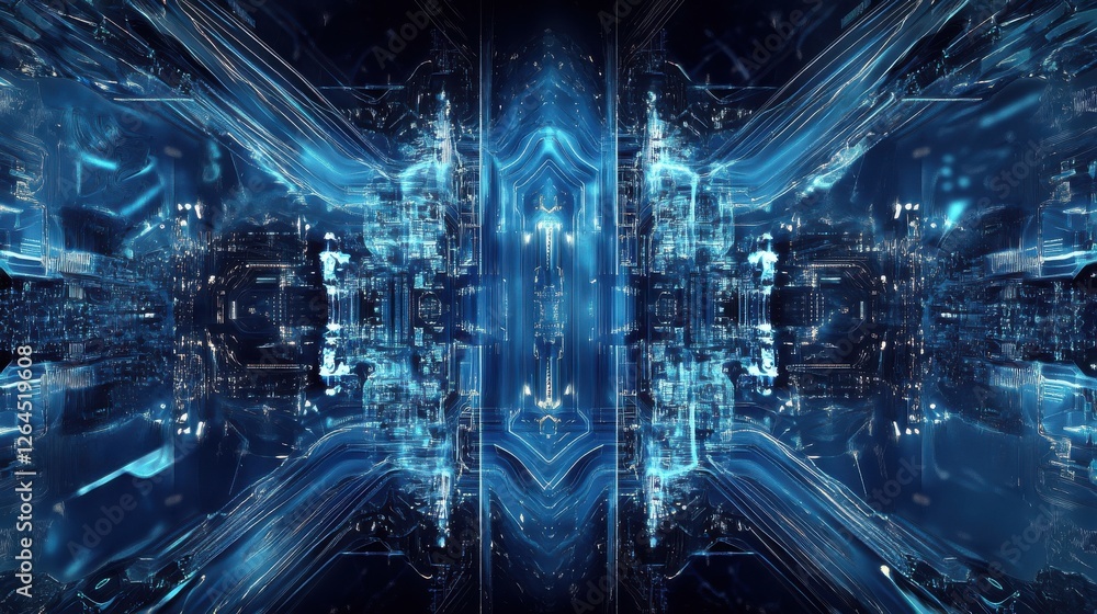 Poster abstract circuit board design in a blue color featuring intricate patterns and interconnected lines,