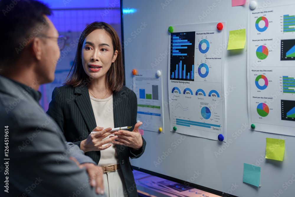 Poster business professionals engage in a data analysis discussion in a modern office setting. charts and g