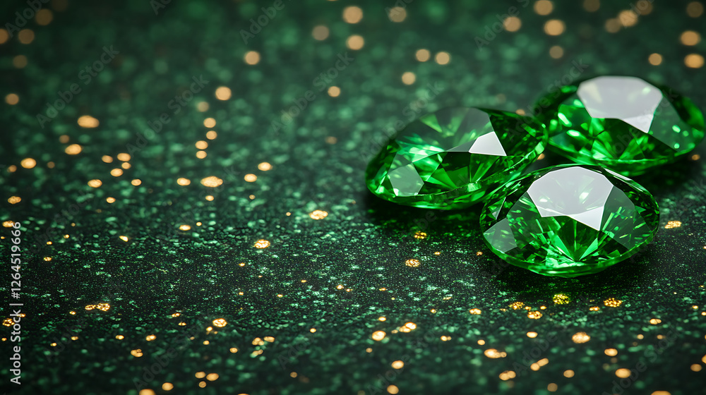 Poster gleaming green gemstones on dark glittering surface reflecting light creating alluring visual displa