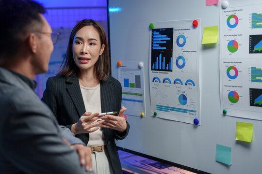 Business professionals engage in a data analysis discussion in a modern office setting. Charts and graphs on a whiteboard illustrate key performance metrics and trends