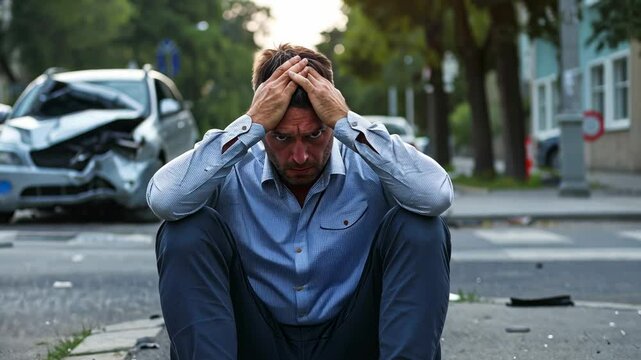 Stranded after a Car Accident: A Despairing Man Reflects on Loss and Consequences in Urban Setting