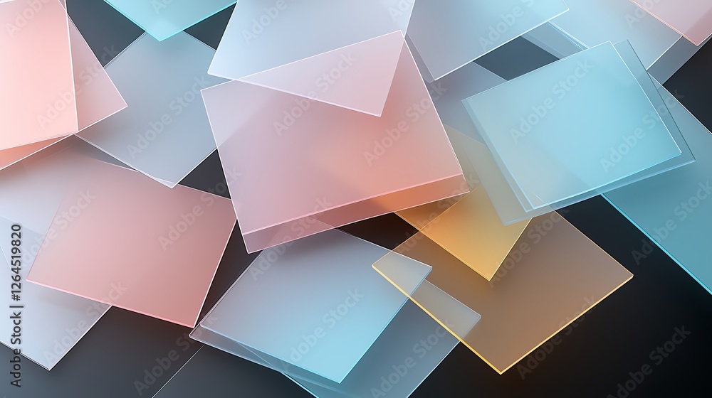 Poster abstract geometric pattern with overlapping translucent 3d shapes in pastel colors on a dark backgro