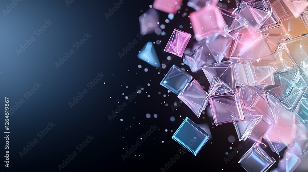 Aufkleber abstract geometric shapes floating on a dark gradient background, creating a futuristic, colorful vi