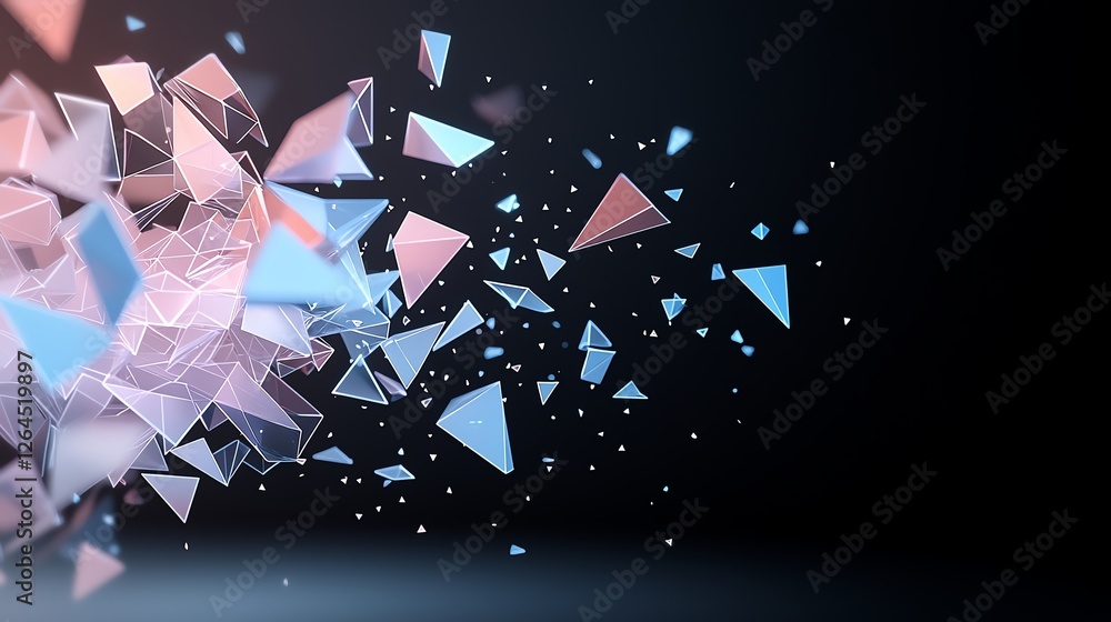 Poster abstract geometric shapes in dynamic motion with colored triangular fragments on a dark background.