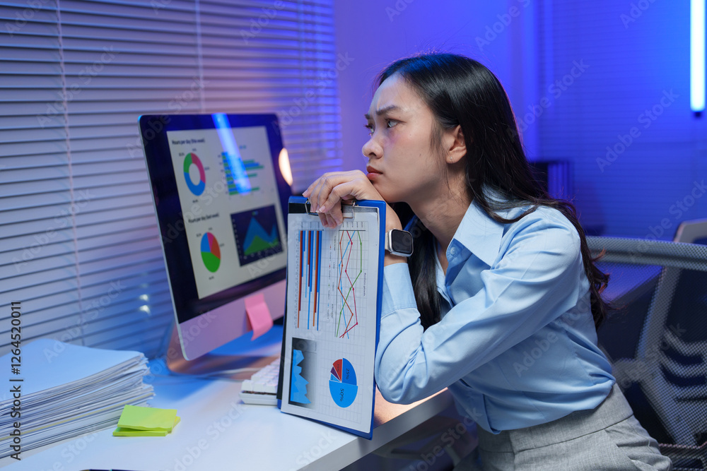 Poster focused businesswoman analyzing financial charts and graphs on a computer screen, contemplating stra