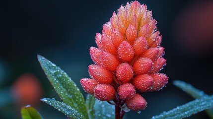Obraz premium Close-up of a vibrant red flower bud with dew drops, set against a blurred dark background