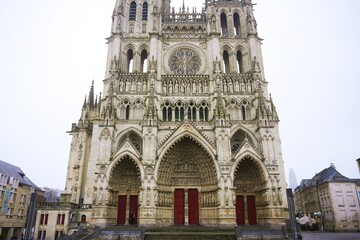 Front view of Amiens Cathedral with ornate Gothic facade