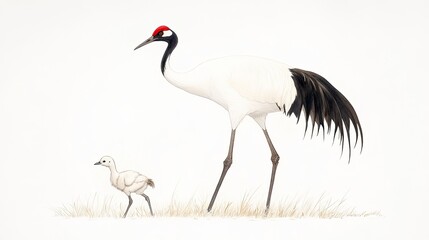 Obraz premium A graceful red-crowned crane and its chick walking through a serene, grassy landscape