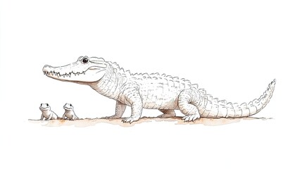 Naklejka premium Illustration of a large white crocodile with two smaller creatures in a sandy environment