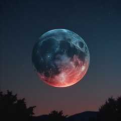 A dramatic and ominous total lunar eclipse at night, with the moon transformed into a deep, bloody red hue, suspended in a dark blue to black starry sky, set against a subtle.