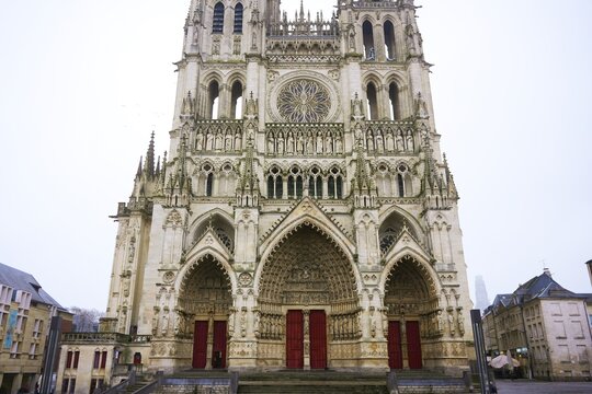 Front view of Amiens Cathedral with ornate Gothic facade