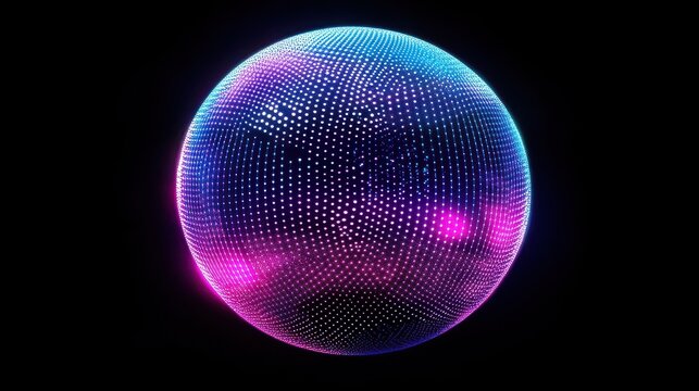 Creative 3d rendering sphere made of neon dots. Global network connection. Globe Grid. Worldwide communication. Futuristic earth globe. Science, technology and illustration on dark backdrop