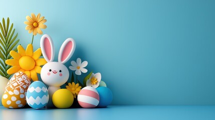 Colorful Easter Decoration with Bunny and Spring Flowers on Blue Background