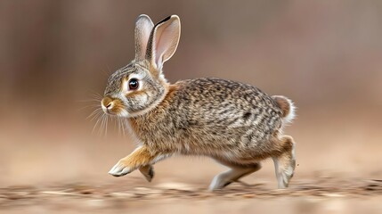 Naklejka premium Brown Rabbit Running Through Field Of Dry Grass