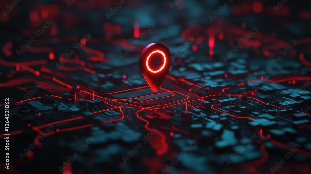 Poster red geolocation marker on the map in 3d style. navigation system. pin