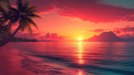 Vibrant Tropical Sunset Seascape Ocean Beach Palm Trees Idyllic Paradise Island