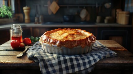 A freshly baked apple pie sits on a rustic wooden table in a cozy kitchen, radiating warmth and inviting aroma.