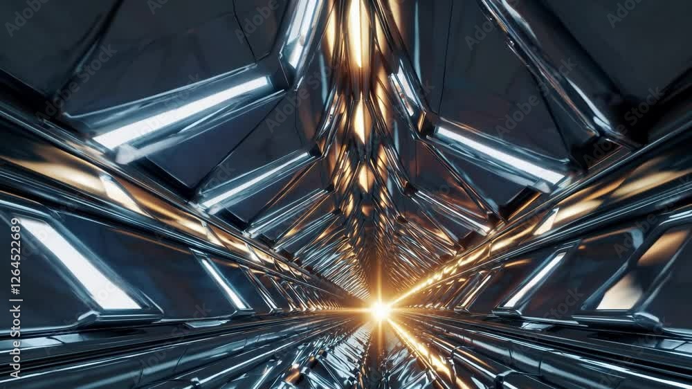 Poster futuristic tunnel with glowing golden triangular frames