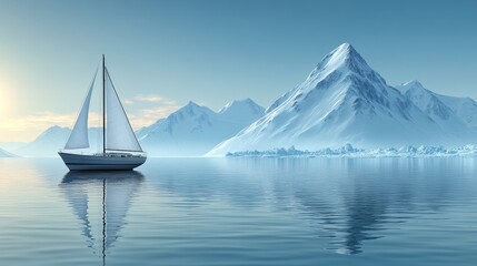 Solitary Sailboat Navigating Icy Fjord Majestic Mountainscape Serenity