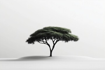 Fototapeta premium Minimalist lone tree with wide canopy on white background, isolated nature concept, simplicity and solitude