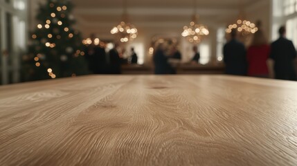 A blurred background of a festive gathering with a focus on a wooden table.
