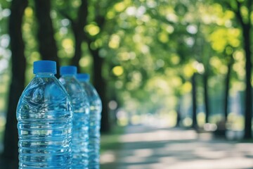 Refreshing Hydration in a Verdant Park: Three Water Bottles in Nature