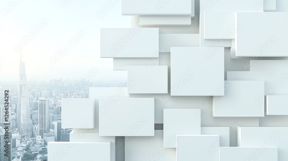 Poster abstract view of white cubic structures against a cityscape backdrop, symbolizing modern urban archi