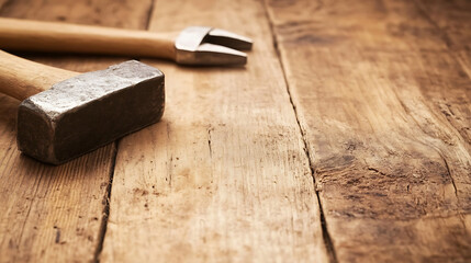 Heavy Metal Hammer and Rivet Tool on Rustic Wooden Plank Surface Ready for Carpentry Project