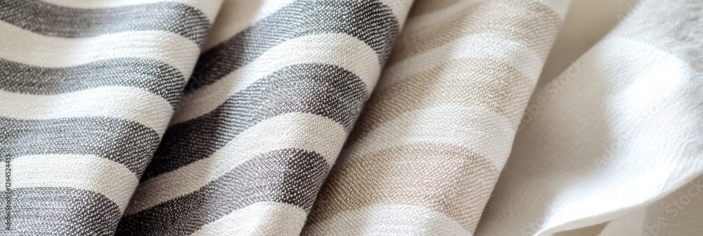 Poster close up of textured fabrics with neutral stripes in soft tones displayed in a bright space. generat