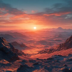 Obraz premium Vibrant Sunset Over Rocky Landscape with Dramatic Cloud Formation