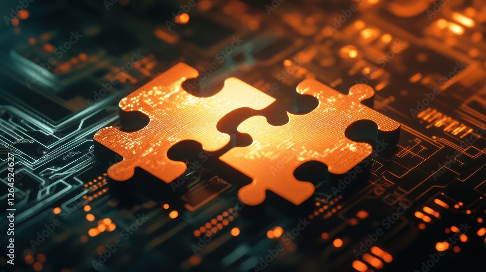 Poster two interlocking puzzle pieces, glowing with a soft orange light, rest on a futuristic digital circu