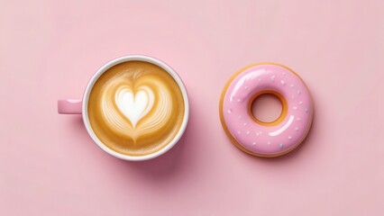 Flat lay a heart shaped latte art coffee with a delicious strawberry donut on a pink background. Concept for cute morning breakfast served
