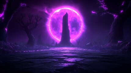 Ethereal Tower Enigmatic Purple Portal Fantasy Landscape Mysterious Nighttime Scene