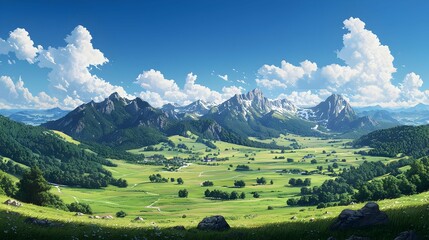 Obraz premium Picturesque Mountain Valley Landscape Under a Sunny Sky